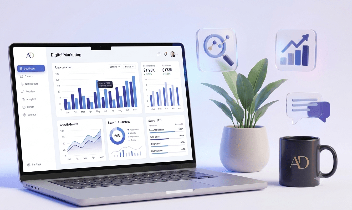 Abhishek Digital Marketing 3D Workspace with Laptop, SEO Analytics, Plant, and Mug